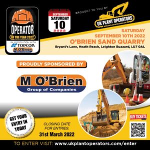 M O'Brien announced as headline sponsor for "UK Plant Operators" Operator of the year 2022 competition.
