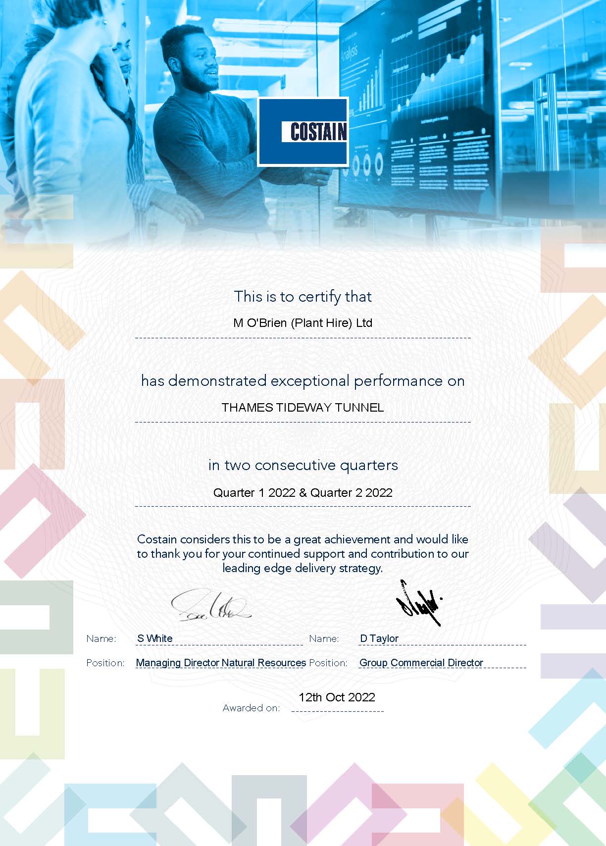 Featured image for “M O’Brien Plant Hire achieves Costain blue recognition for Thames Tideway project.”